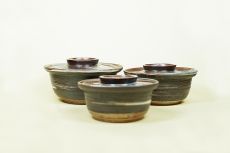 Bowls with Lids, Matt brown with white tornado