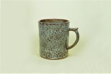 Ceramic Mug, L. Brown with Floral Deco.